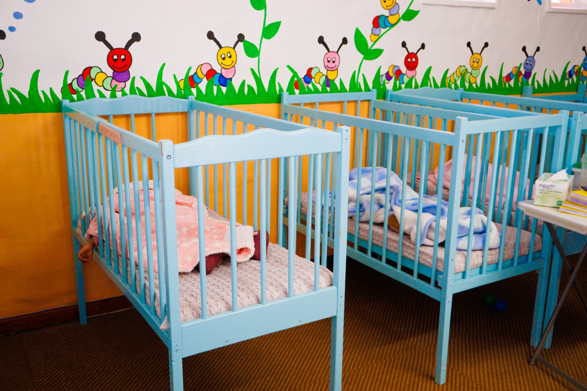 Baby room with blue cots and a painted caterpillar wall mural